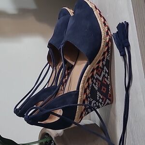 Cabi Isla Espadrille Wrap Lace Up Wedge Sandals Women's Size 9 Navy Suede